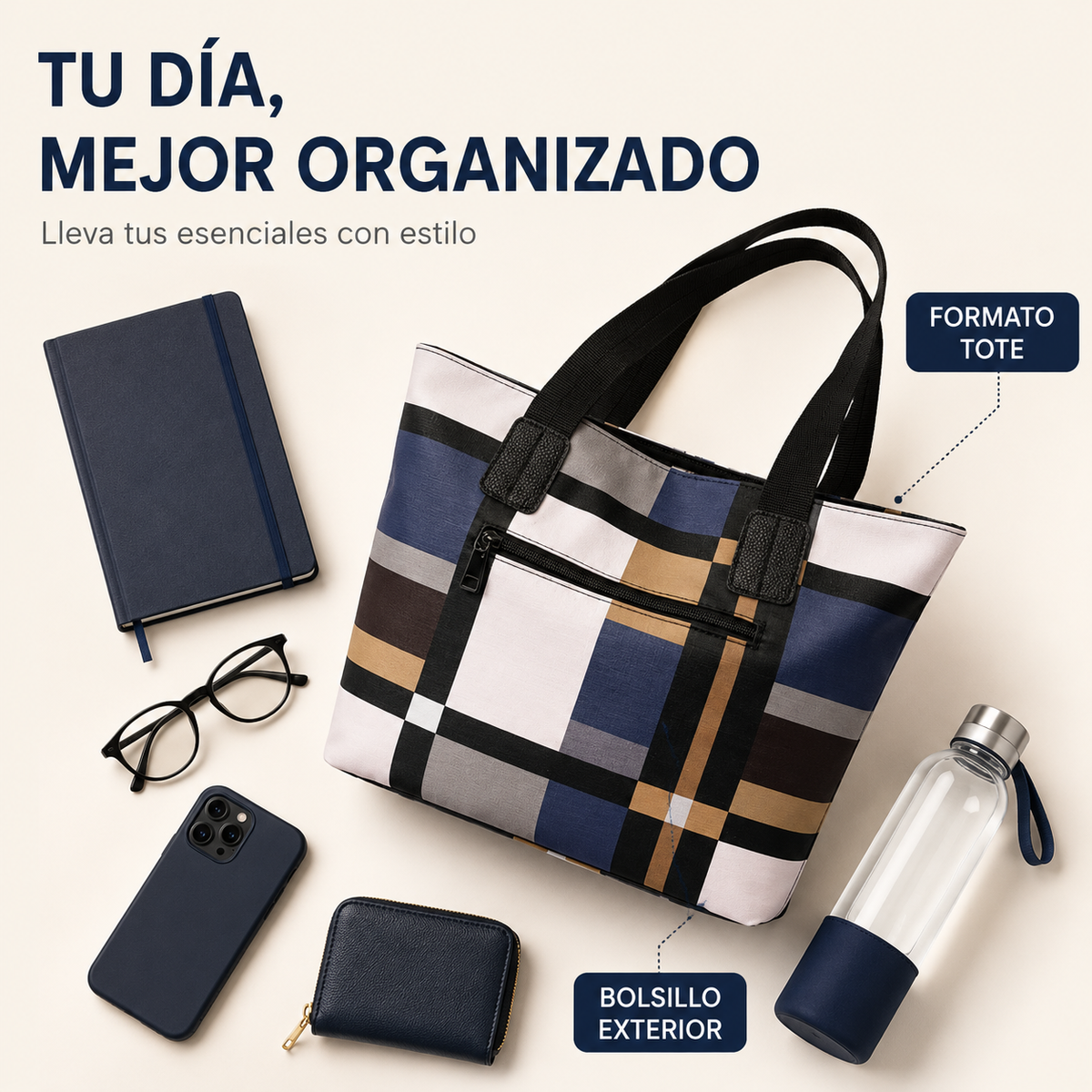 Luna Chic™ – Cartera Elegante a Cuadros de Cuero