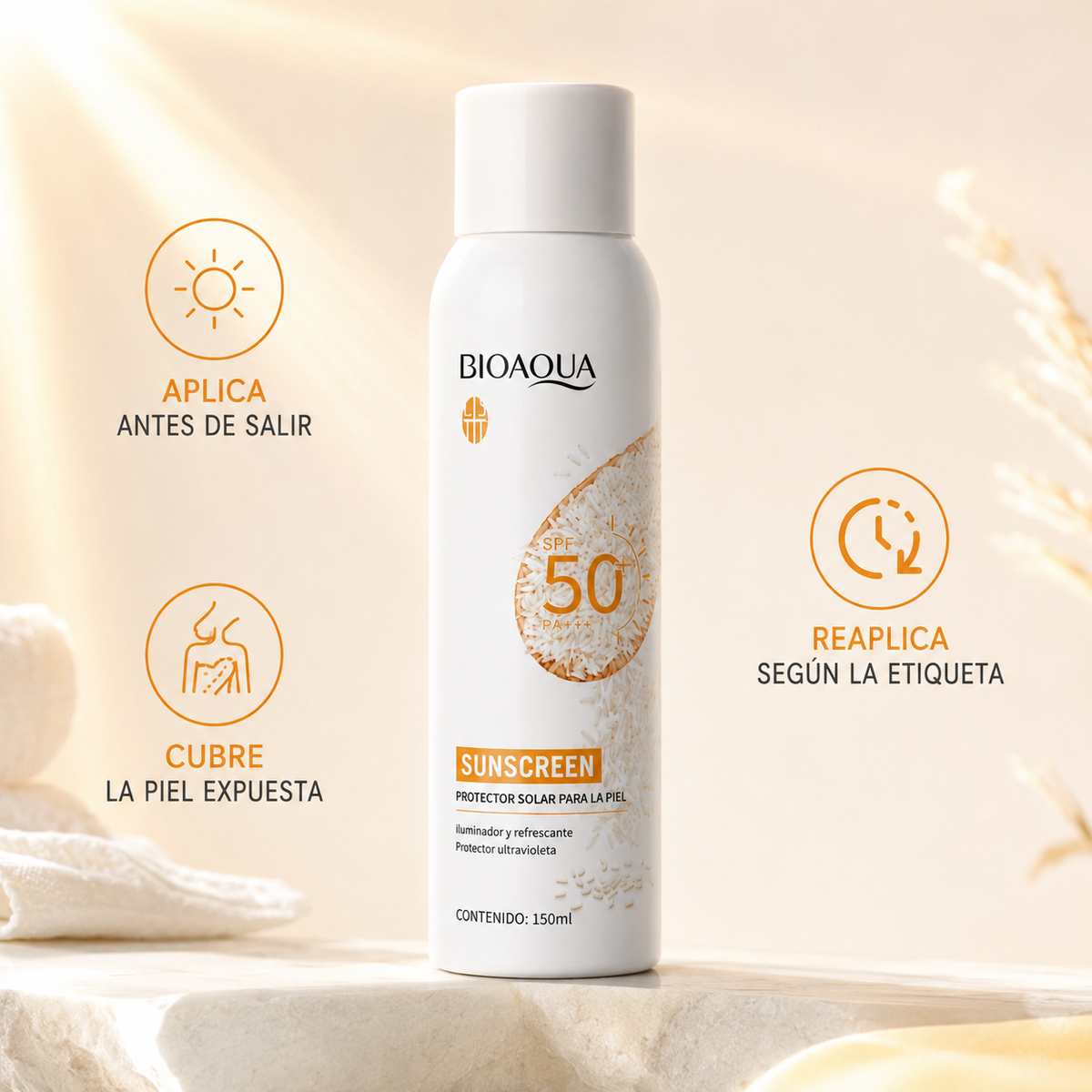 Bioaqua Sun Shield – Spray Solar SPF50 con Arroz