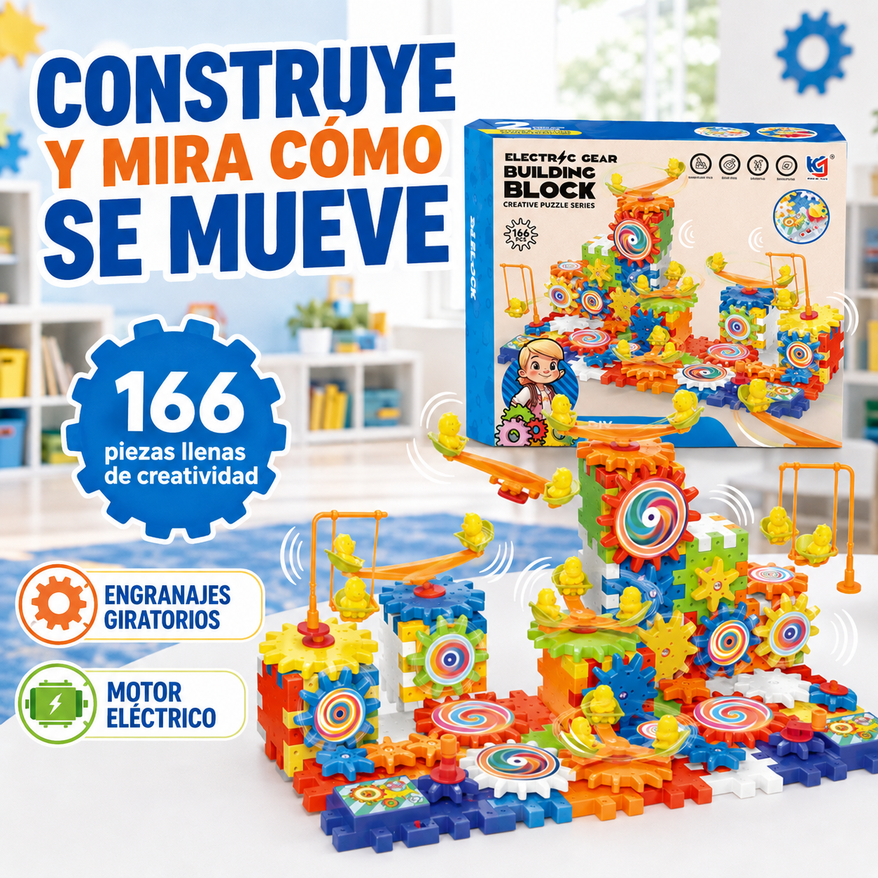 ¡Construye, Gira y Aprende! Juego de Engranajes 166 Piezas