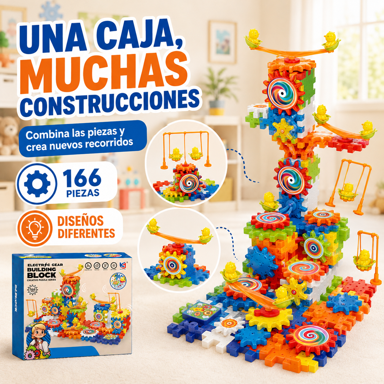 ¡Construye, Gira y Aprende! Juego de Engranajes 166 Piezas