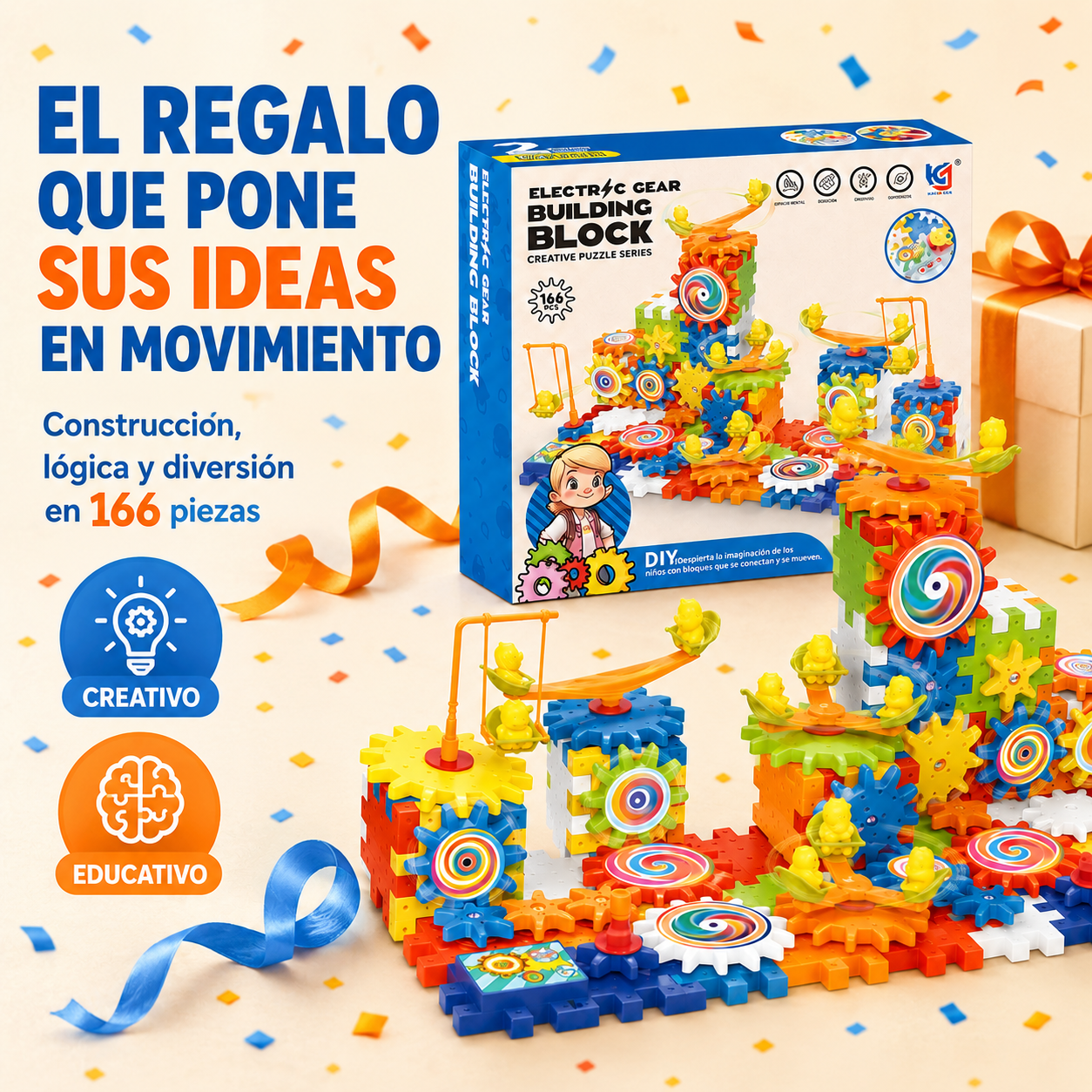 ¡Construye, Gira y Aprende! Juego de Engranajes 166 Piezas